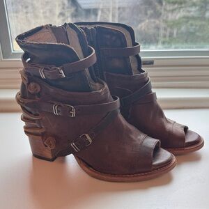 Freebird by Steven Brown Carter Leather Open-Toe Buckle Ankle Boots